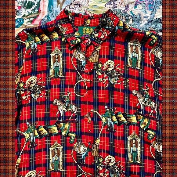 Vtg 1980s British Isles Red Plaid Button Down Shirt Soldiers Horses Graphic Sz M - Picture 3 of 7